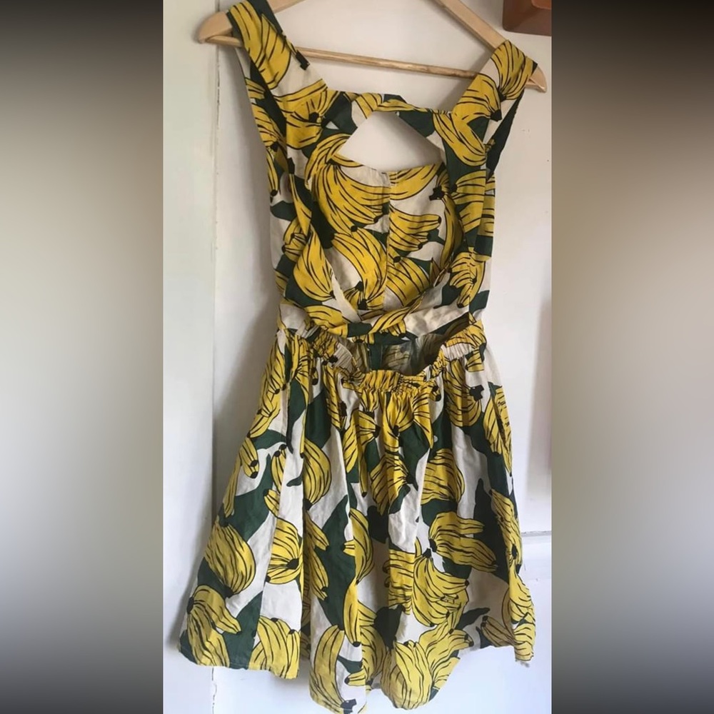 DANGERFIELD Bananas Print Yellow Cotton Fit & Flare Skater Pinafore Mini Dress - Picture 6 of 9